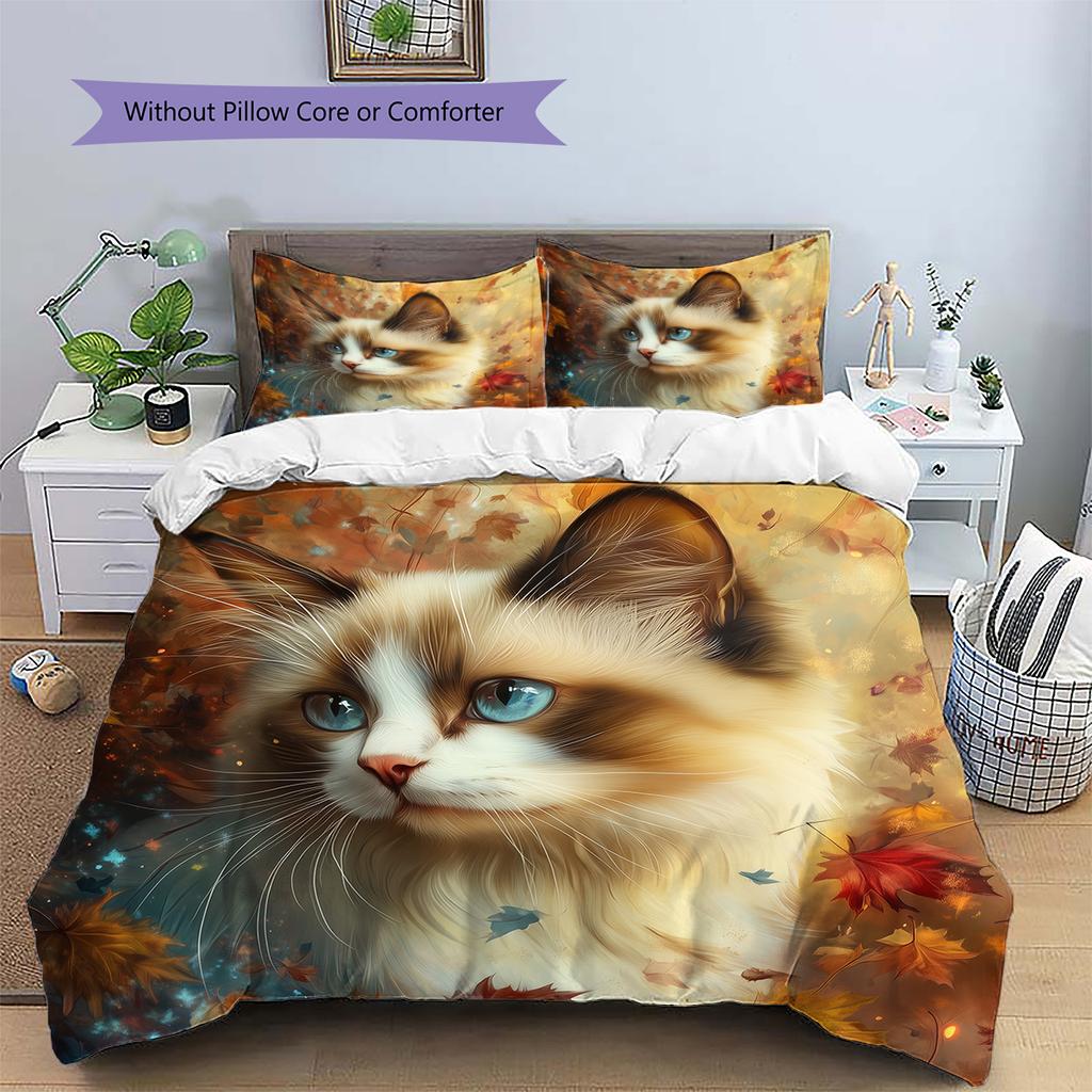 Maple Leaf Cat  Pattern Bedding Quilt Set Quilt Cover Pillowcase Home Decoration  Gift (1 * duvet cover + 2 * pillowcase, without core)