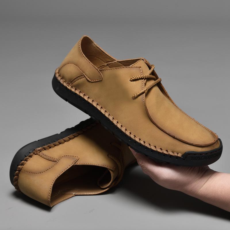 

2024 новые кожаные мужские туфли повседневная обувь всесезонные туфли из коровьей кожи первого слоя с низким верхом сшитые вручную походные туфли для активного отдыха 46 светло-коричневого