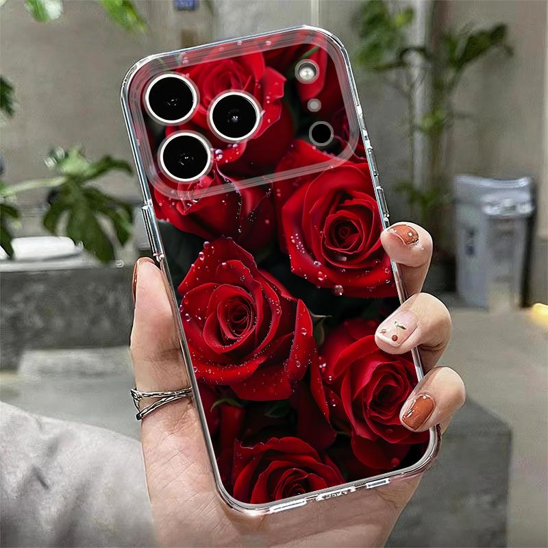 Scarlet Red Rose Flower Pattern Case For iPhone 17 Pro Max Coque iPhone 16 15 14 13 Pro Max 11 Clear TPU Silicone Soft Cover
