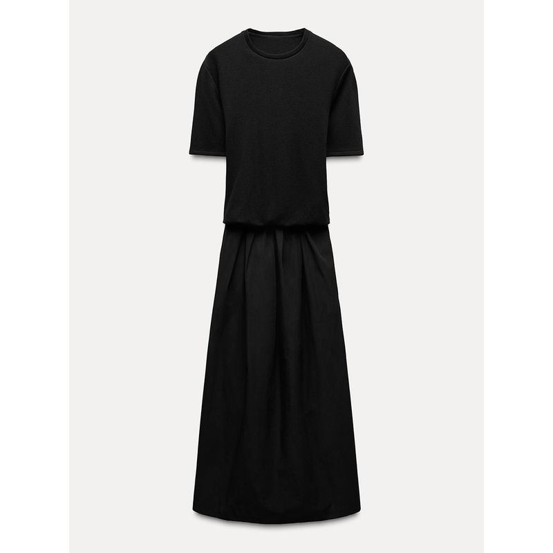 Za2025 Spring New Women's Clothing Fashion Elegant Stitching Short Sleeve Round Neck Midi Skirt Long Dress 0858464