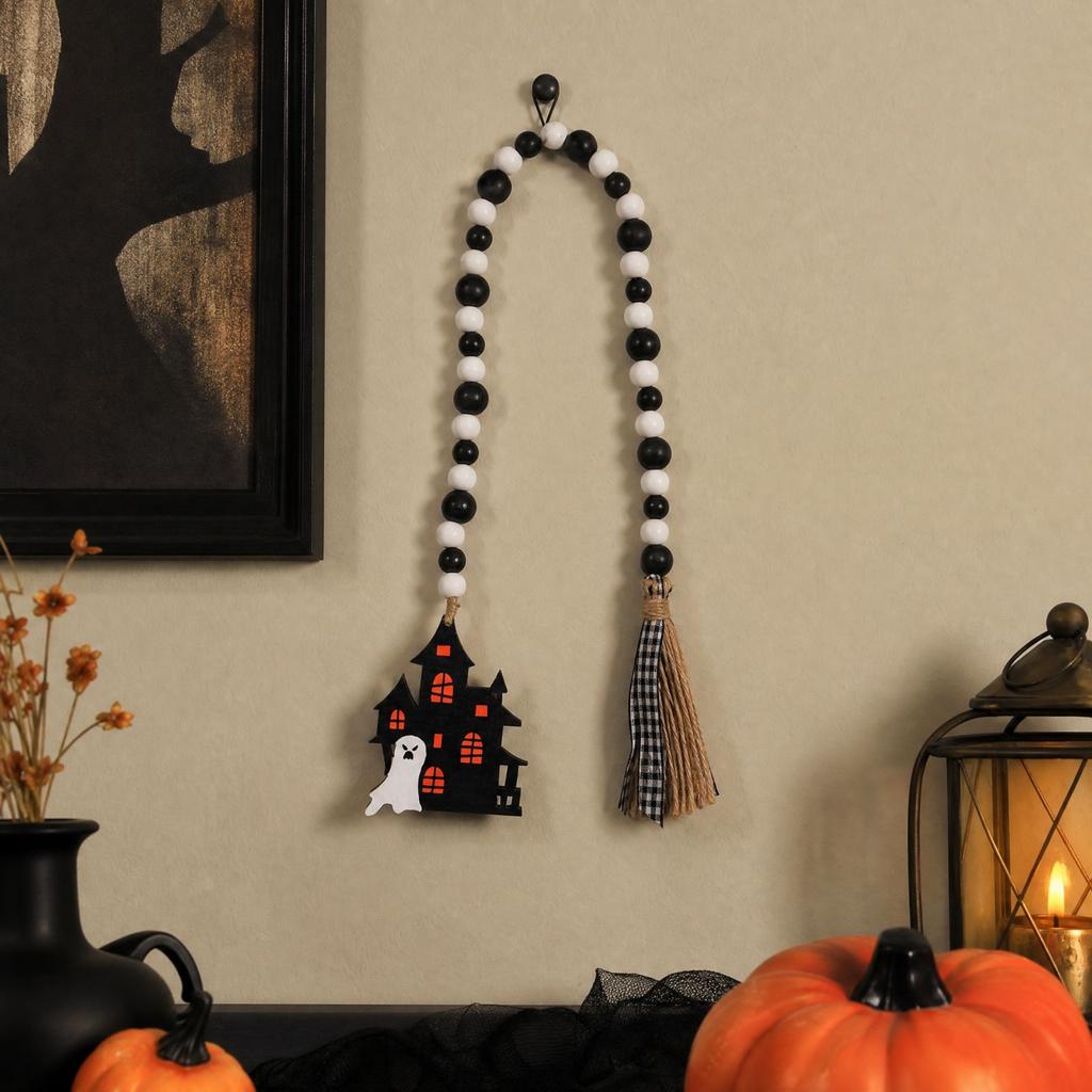 Halloween Wooden Bead Pendant Witch Hanging Ornament for Party Decorations