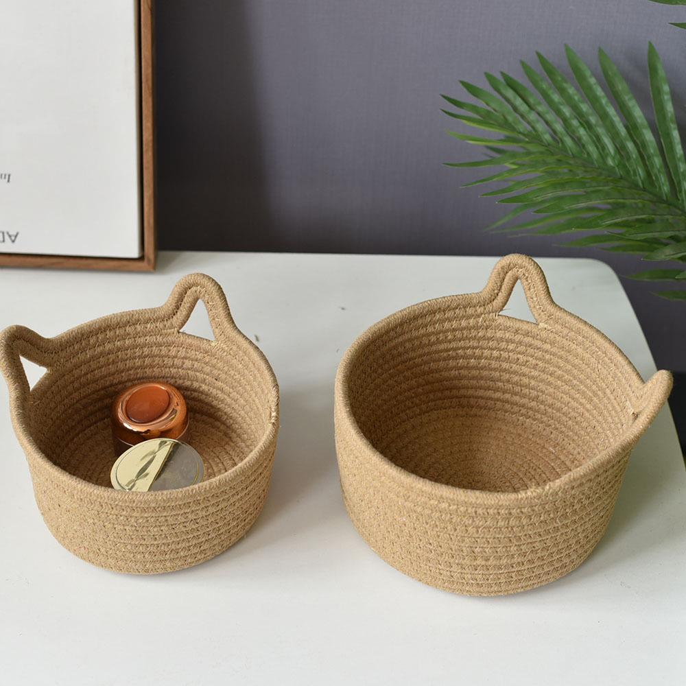 

3Pcs/Set Cat Ears Design Cotton Rope Woven Storage Basket Round Desktop Sundries Organizer Yellowish Brown