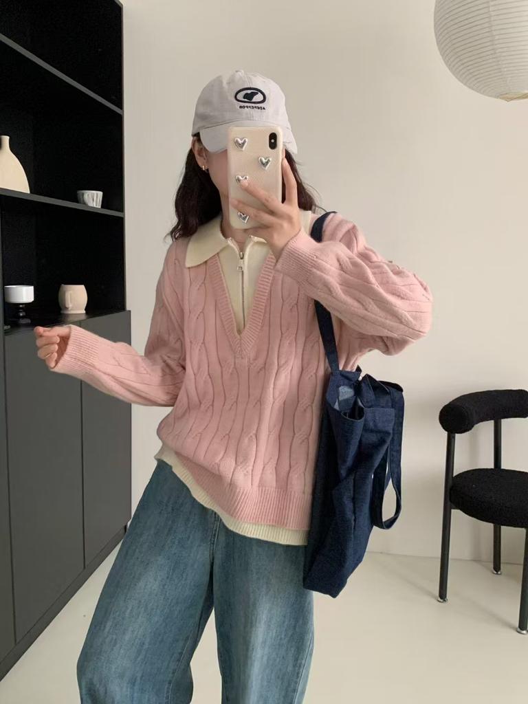 Fake two-piece PO-neck twist pullover sweater for women's autumn and winter new large-size fat mm loose and lazy knitted sweater top