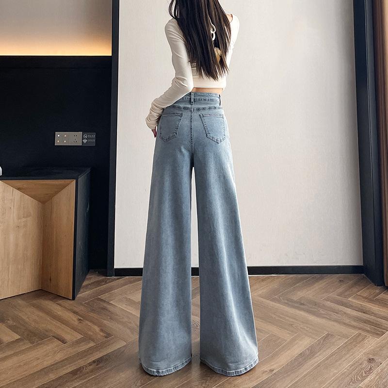 2025 New Women's Light Blue High-Waisted Wide-Leg Jeans - Slimming, Draped, Loose Fit for Spring and Autumn