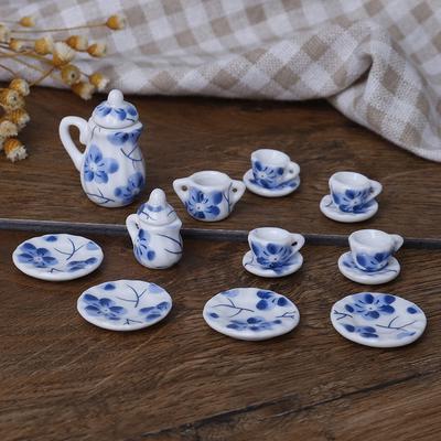 15Pcs 1:12 Miniature Porcelain Tea Cup Set Chintz Flower Tableware Kitchen Dollhouse Furniture Toys For Children Teapot DIY Toys