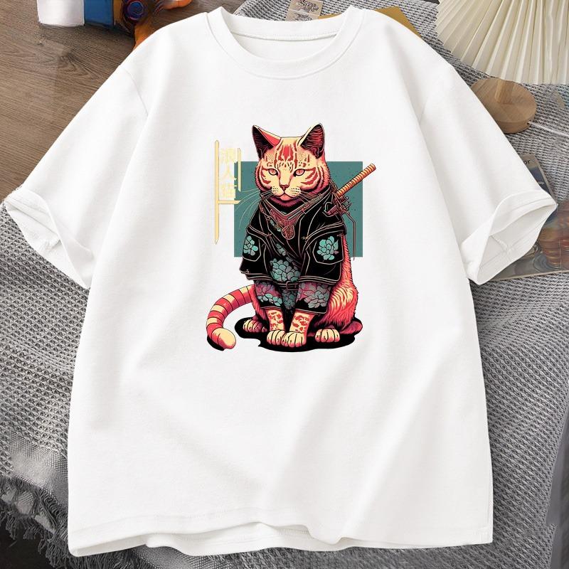 Japanese Samurai Cat Tattoo Graphic T Shirt Kawaii Ninja Cat TShirt Print Cotton Short Sleeve Tshirt Unisex Clothing Top Camisetas
