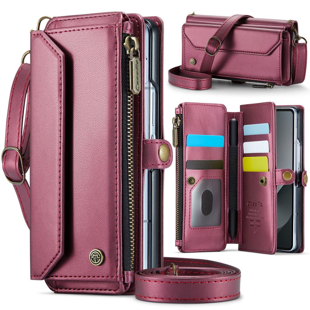 Crossbody Cards Solt Zipper Wallet Leather Case For Samsung Galaxy Z Fold 6 5 4 3 5G Purse Bag Pocket S-Pen Holder Lanyard Cover