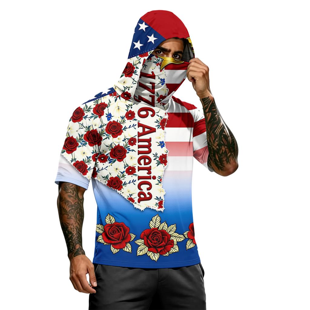 Men's Summer Independence Day Color Block Quick Dry Short Sleeve Tee, UPF 0+ UV Block Fishing & Sports Sun Hoodie