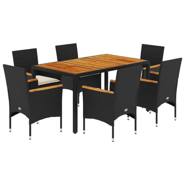 VidaXL Ensemble à manger de jardin et coussins 7pcs noir rotin acacia, ensemble de salle à manger d'extérieur, meuble de 3278630