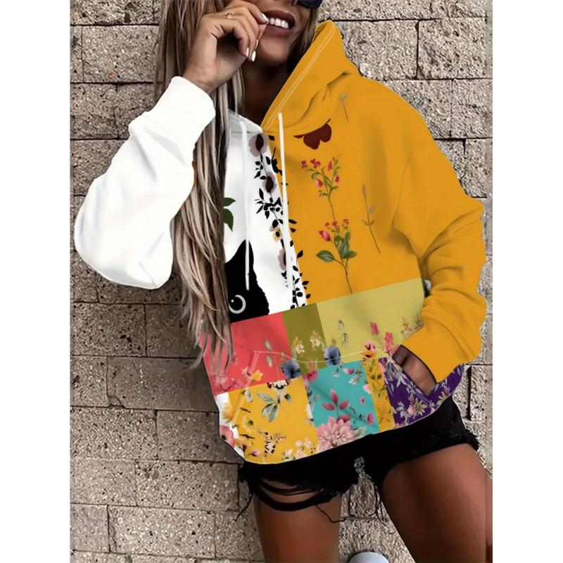Womens Floral Print Hooded Sweatshirt Soft Comfortable Casual Pullover Daily Wear