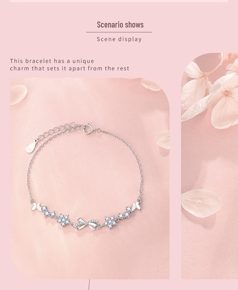 Sterling Silver 925 Floral Bow Bracelet - Exquisite Handcrafted High-End Jewelry
