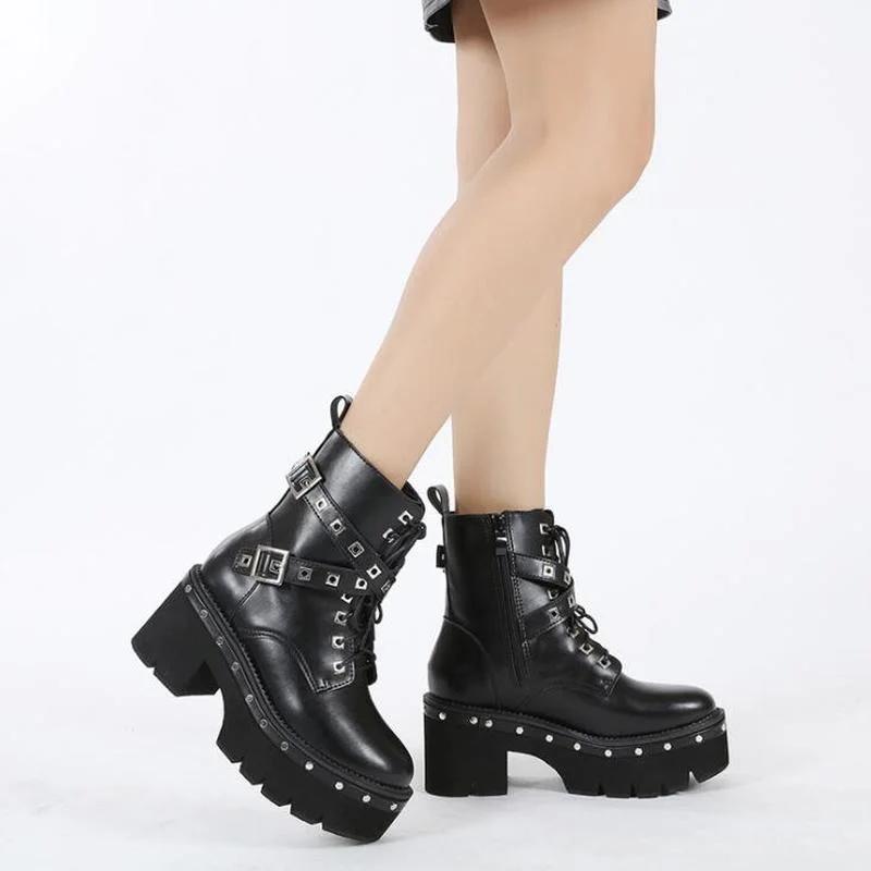 Fashion Punk Platform Women Ankle Boots Women's Motorcycle Boot Fashion Ladies Chunky heels Platform Shoes plus big size