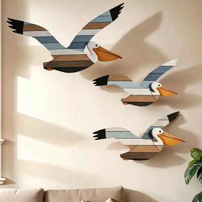 3 Pcs Pelican Wall Art Wooden Flying Bird Wall Hanging Decor Nautical Rustic Beach Wall Sculpture for Living Room Bedroom