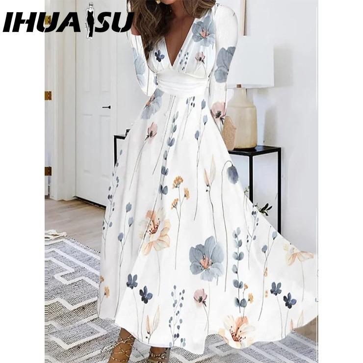 

IHUASU Autumn V-neck Long Sleeve Printed Women s Dress for Women XXL