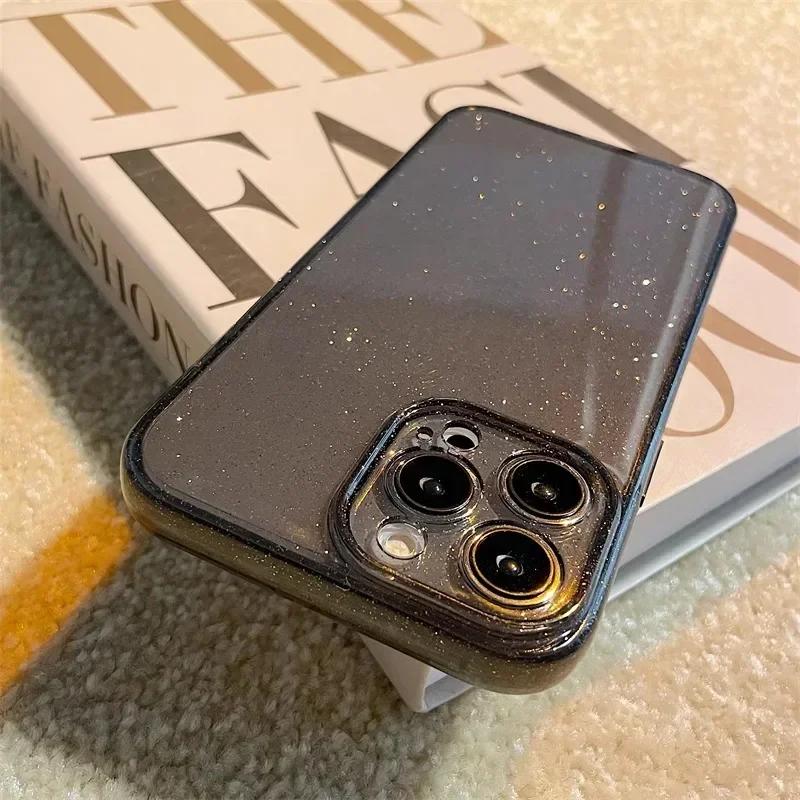 New Luxury Bling Glitter Clear Phone Case For iPhone 15 13 14 16 Pro Max Plus Shockproof Transparent Soft Lens Protection Cover