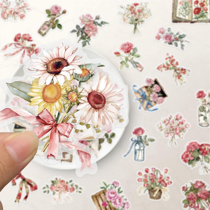 50 Literary Handbook Materials Flowers and Letters Sticker Pack Creative DIY Greeting Cards Water Cup Available for Wholesale