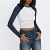Women's Long Sleeve Shirts Slim Fit Stretchy Color Block Slightly Cropped Tops