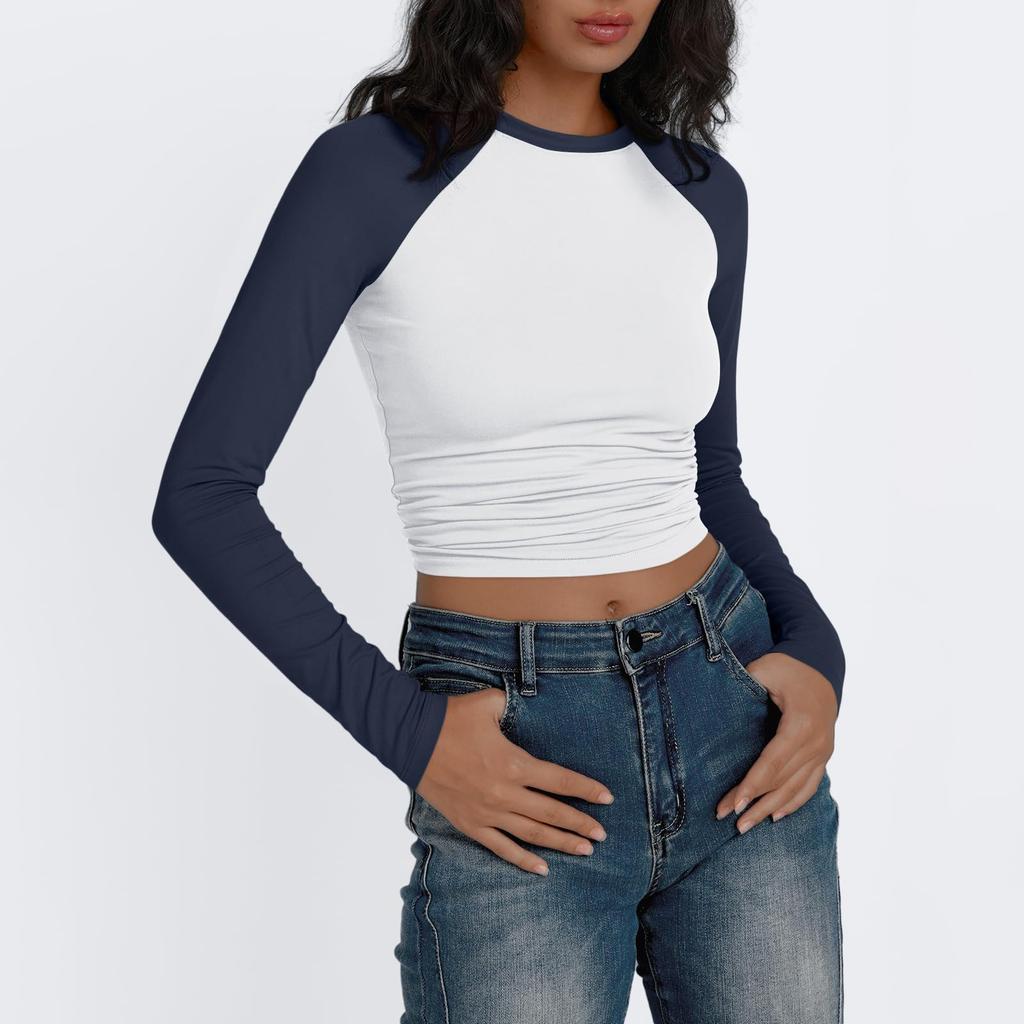 Women's Long Sleeve Shirts Slim Fit Stretchy Color Block Slightly Cropped Tops