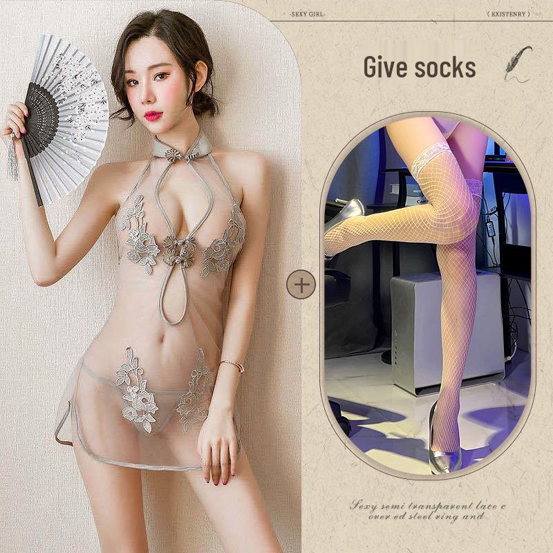 Elegant Lace Mesh Cheongsam Set: Sexy European & American Style with Classical Embroidery