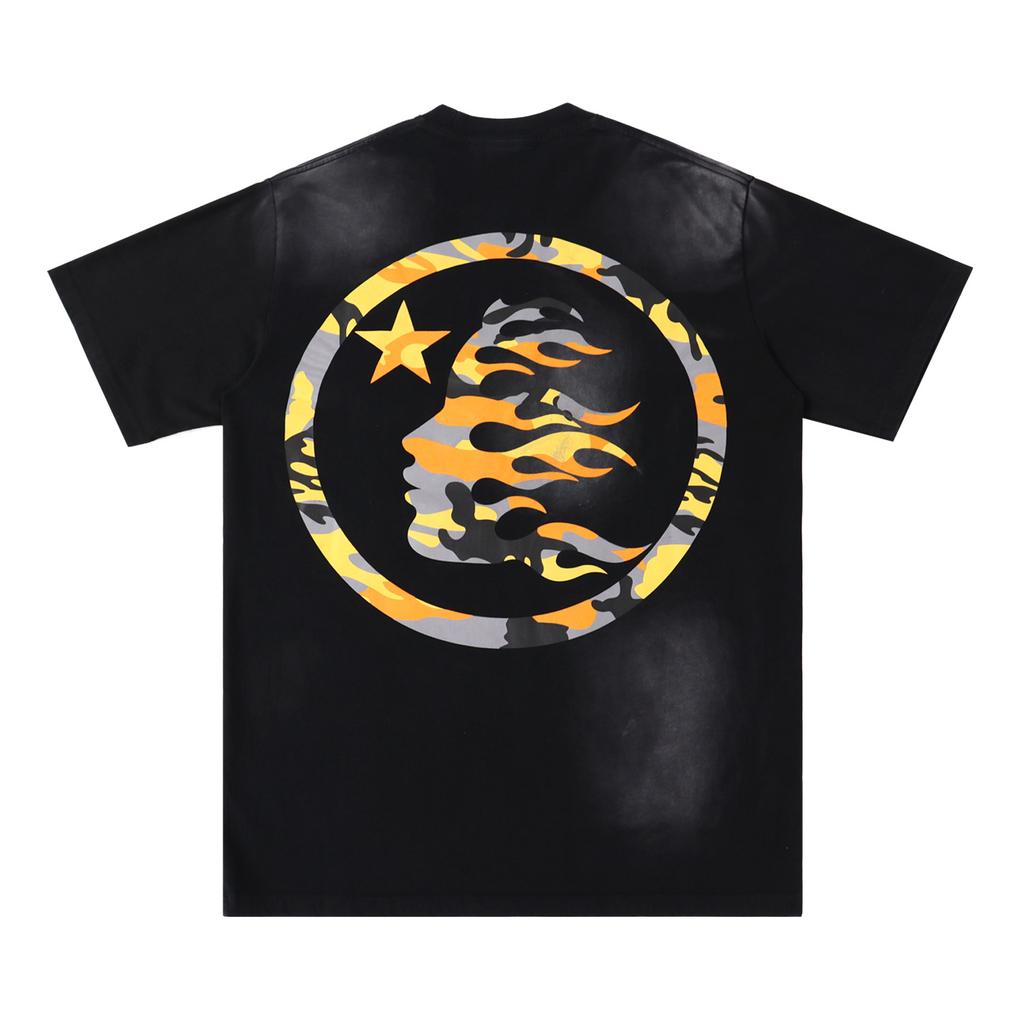 Hellstar Studios Camo Star Face Graphic T‑Shirt Men Women Vintage Washed Distressed Oversized Short Sleeve Tee Hip Hop Streetwear Unisex Tops