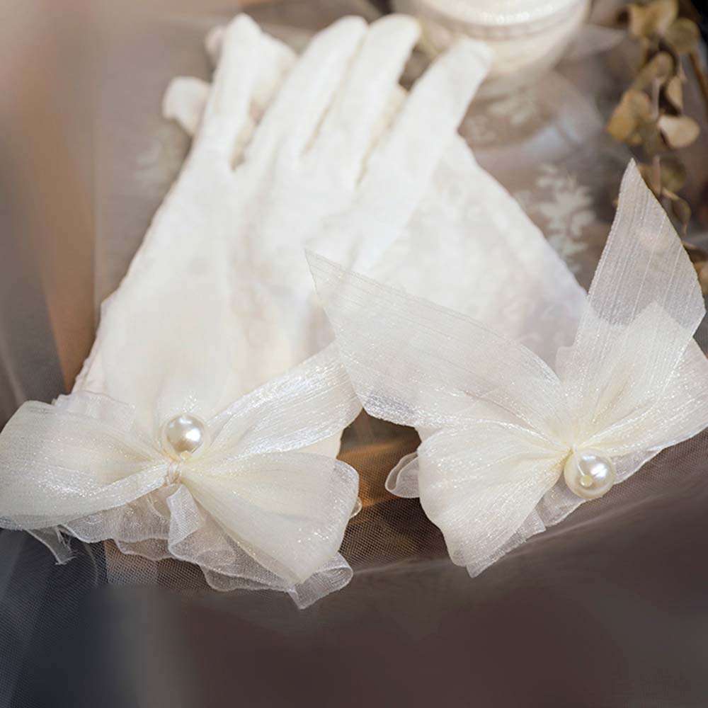 Elegant Sunscreen Women Girls Pearls Wedding White Gloves Bridal Mittens Ruffle Lace Bow Gloves