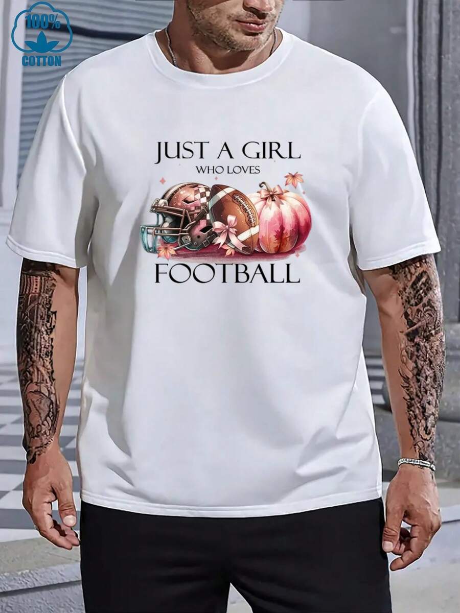 

JUST A GIRL WHO LOVES FOOTBALL With Helmet, Ball And Pumpkin Print Unisex T-Shirt S