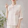 Elegant 2026 Summer Chinese Style Imitation Silk T-shirt with Gauze Sleeves for Middle-aged and Elderly Women