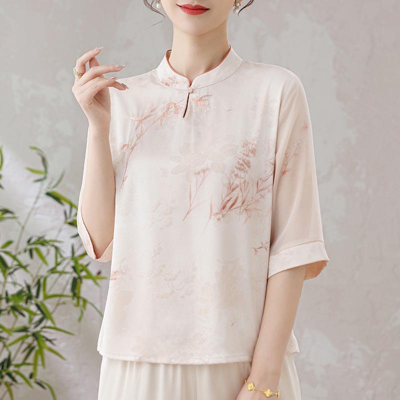Elegant 2026 Summer Chinese Style Imitation Silk T-shirt with Gauze Sleeves for Middle-aged and Elderly Women