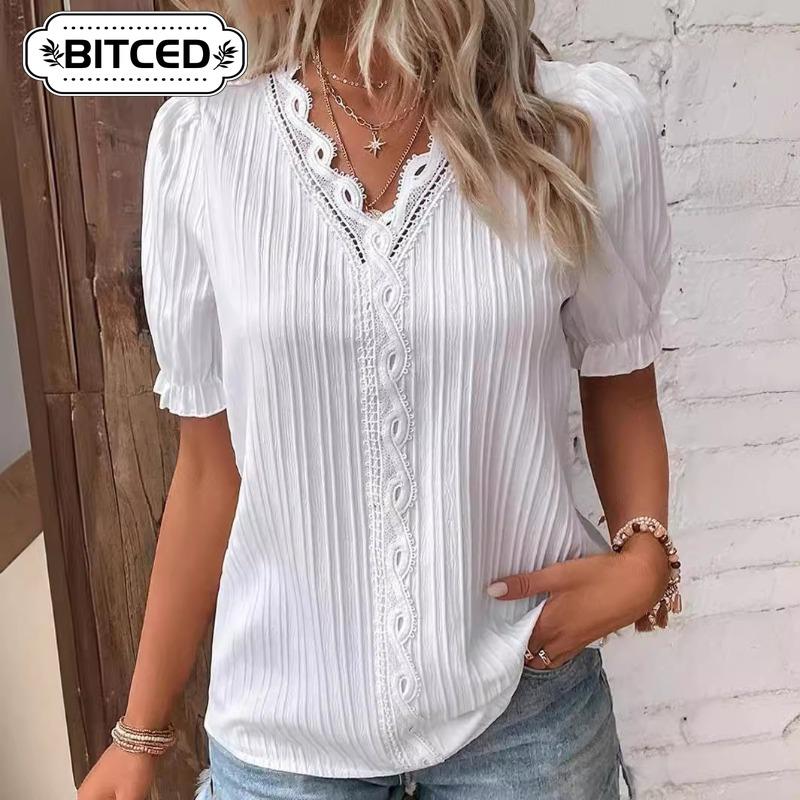 BITCED Women's Fashion Casual Solid Color Print Short Sleeve V Neck Blouses & Shirts Unique design