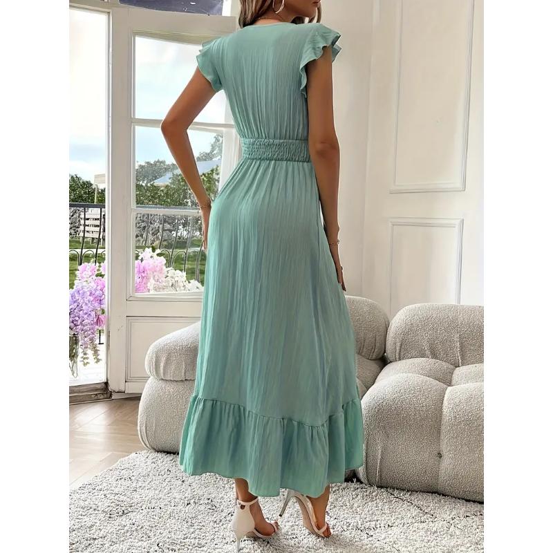 Damen Sommer V-Ausschnitt Rüschen Kurzarm Maxikleid Raffung Elastische Taille Fließend Lässig Strandurlaub Sommerkleid