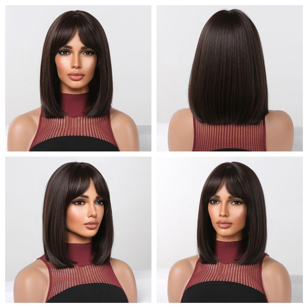 Dark Brown Short Bob Synthetic Hair Wigs with Bangs Straight Cosplay Lolita Natural Wig for Women Afro Blunt Cut Heat Resistant
