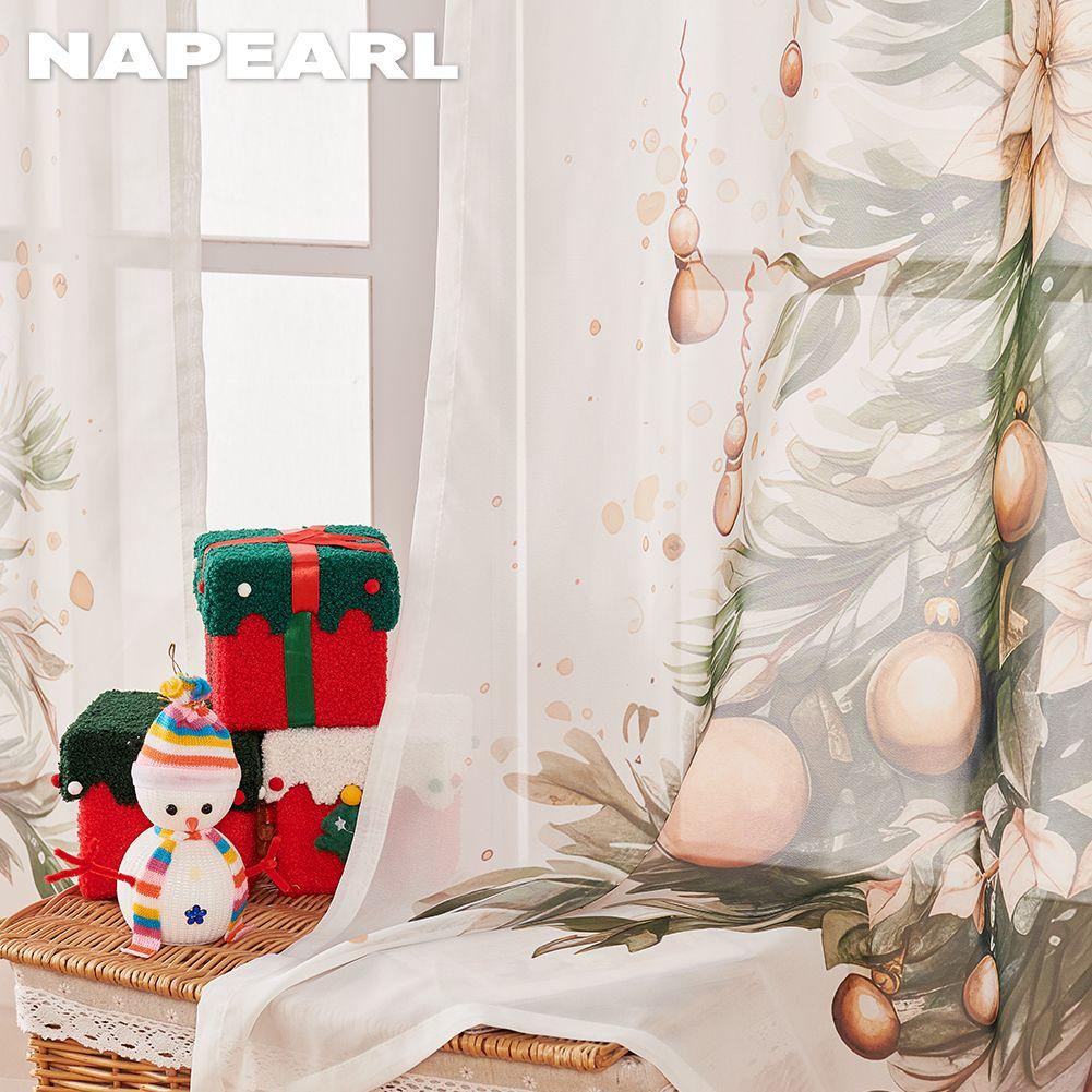 1PC NAPEARL Christmas Style Sheer Curtains Christmas Tree Pattern Printed Tulle for Kitchen Bedroom and Living Room Home Decor