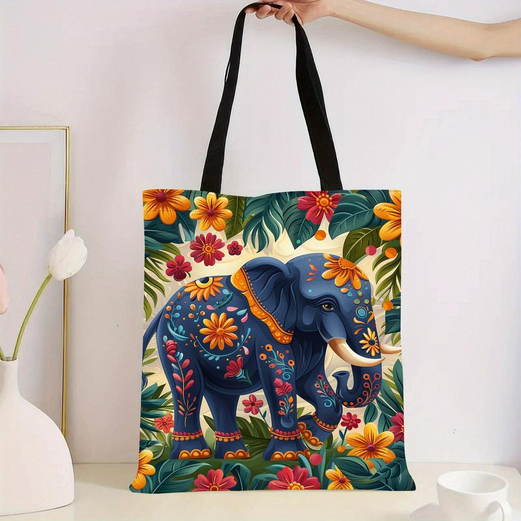 Large Capacity Reusable Elephant Print Tote Bag Bohemia Women Shoulder Handbag Multi-Functional for Daily Use Shopping Bag