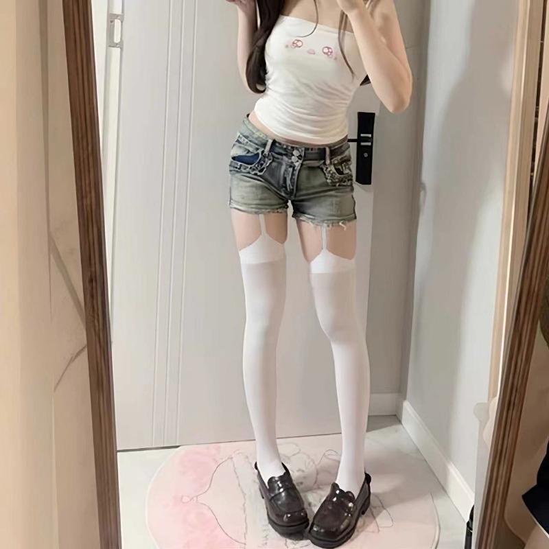 

Женские бархатные колготки с широкими полосками, тонкие чулки Lolita с подвязками Y2K JK College Style, гольфы выше колена One Size белый