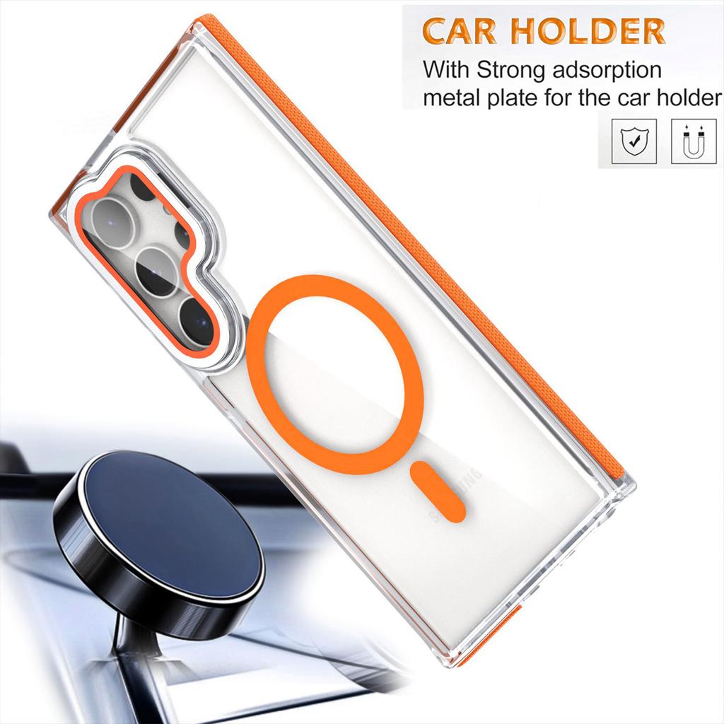 For Samsung Galaxy S24 Ultra Magnetic Case TPU Acrylic Clear Phone Back Cover with Lens Protector Kickstand
