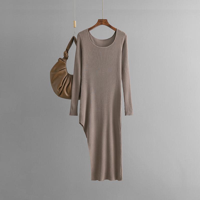 Fall Winter Lazy Wind Loose O-Neck Sweater Dress Women's Long Sleeve Solid Color Slim Slit Knit Wide Dresses