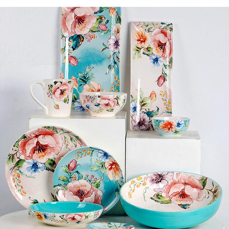 Floral Ceramic Dinner Underglaze Rectangular 12-inch Large Soup Household Set