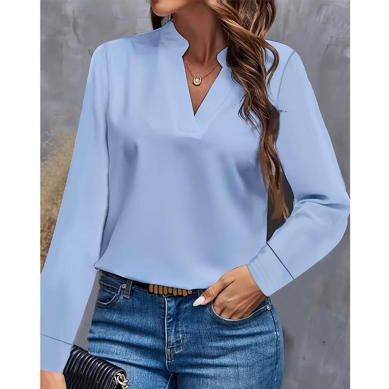 Independent Autumn Simple and Casual Solid-color V-neck Loose Shirt Top