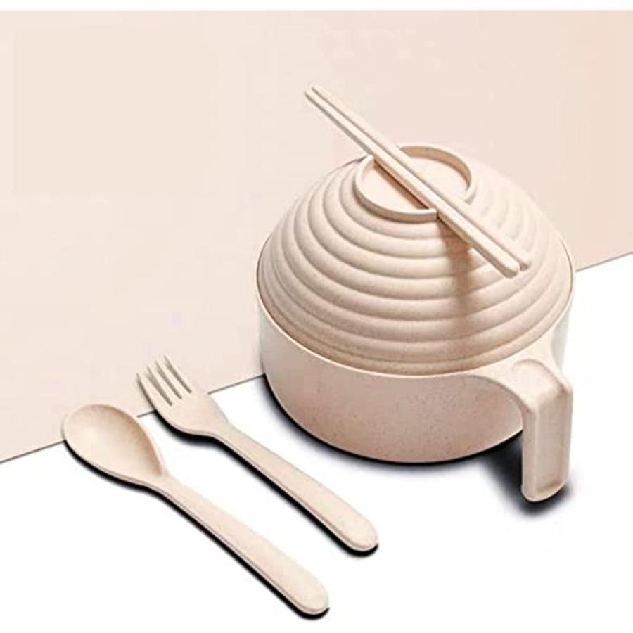 

Соломенная миска для макарон быстрого приготовления с крышкой, ручкой, набор столовых приборов, миска для супа, салата и риса, пригодная для использования в микроволновой печи 1 set бежевый