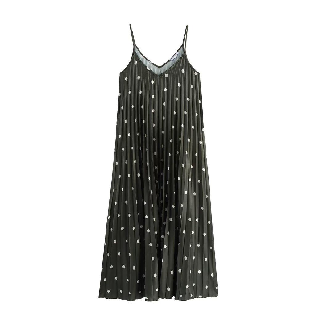 2025 Spring/Summer Polka Dot Spaghetti Strap Pleated Maxi Dress