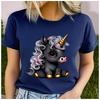 Unisex 100% Polyester Summer Top Black Cartoon Little Unicorn Print Loose Round Neck Short Sleeve Fashion for Lovers