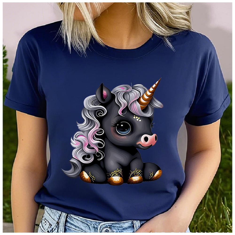 Unisex 100% Polyester Summer Top Black Cartoon Little Unicorn Print Loose Round Neck Short Sleeve Fashion for Lovers