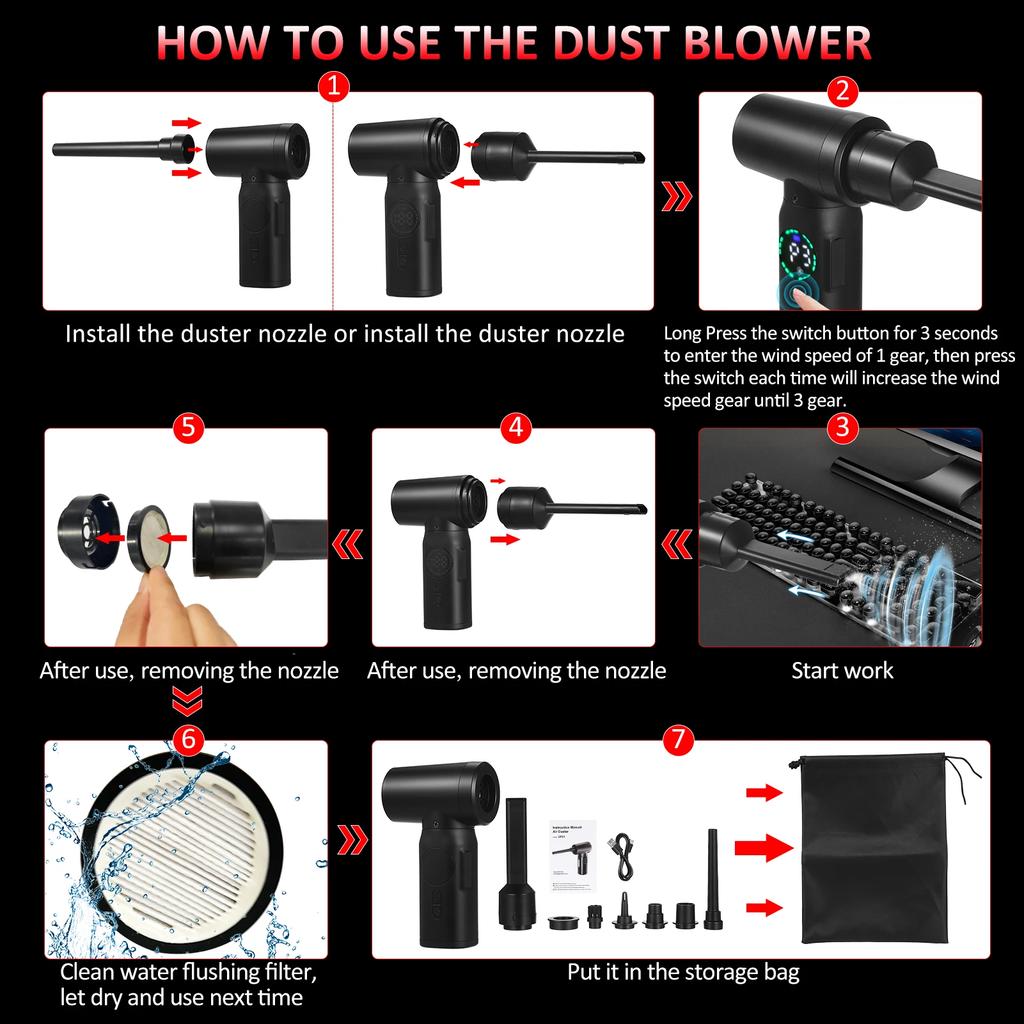 100W 7500mAh Electric Air Dusters Cleaner Electric Air Duster Compressed-Air-Duster--Cleaner With Digital Screen Brush Motor