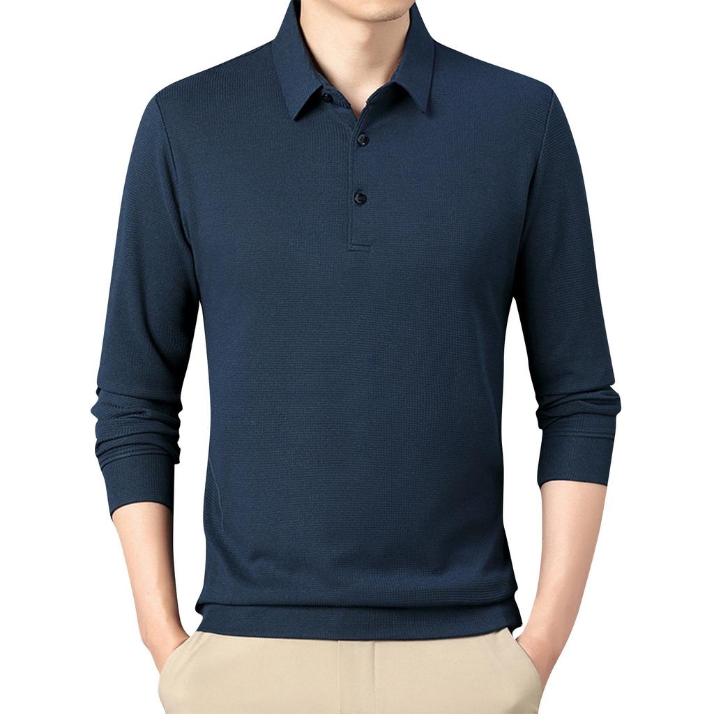 Men's Solid Color Lapel Business Casual Long Sleeved T-shirt Versatile Top