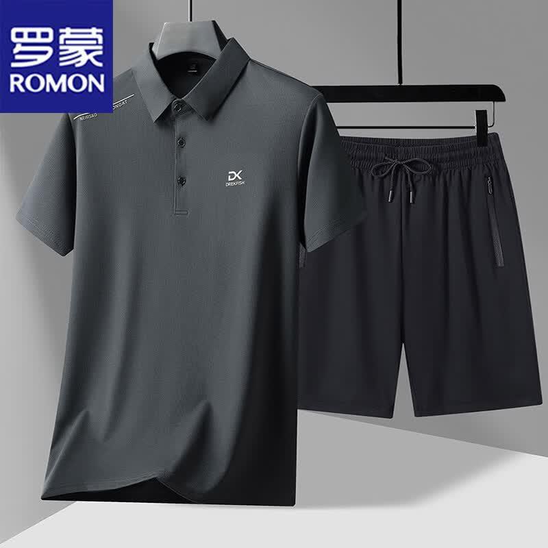 ROMON Men s Summer Loose-Fit Polo & Shorts Set 4XL