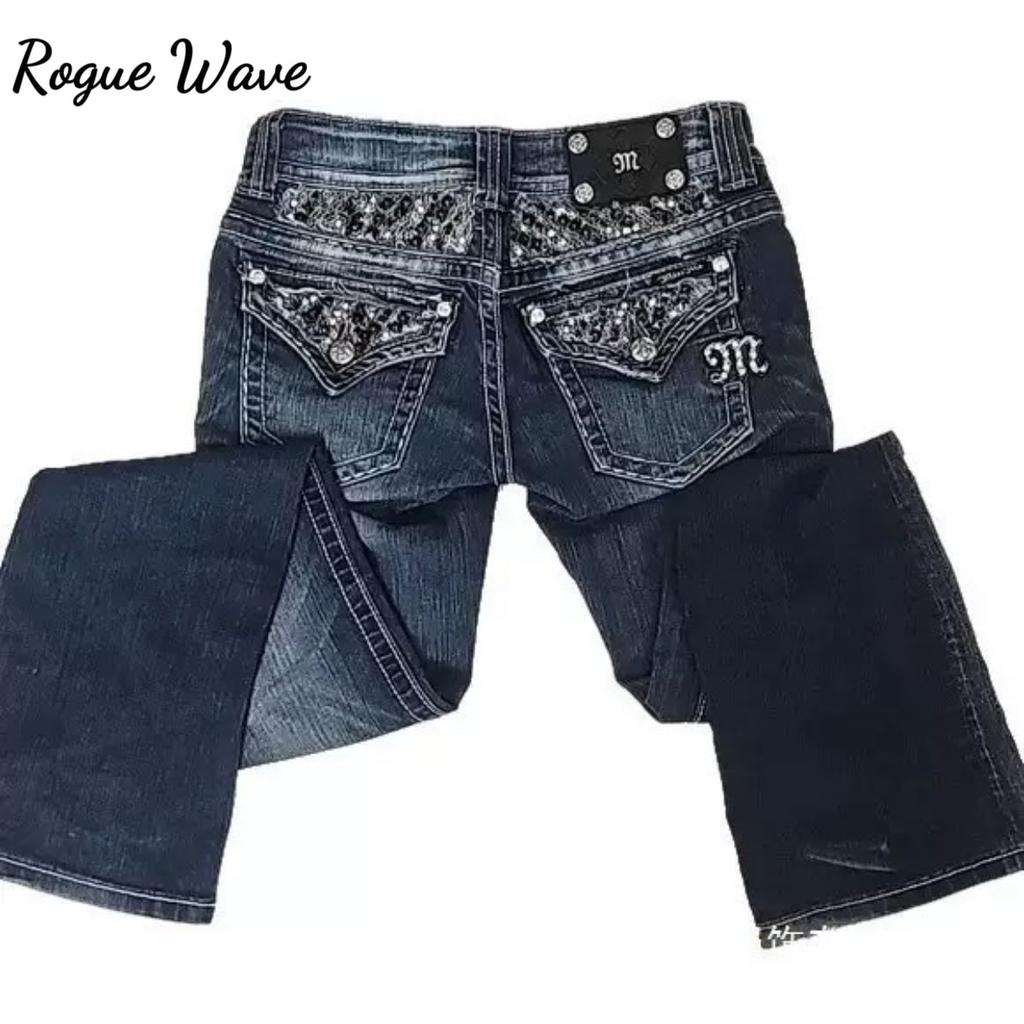 RogueWave Streetwear Vintage Jeans Y2K Kläder Dam Vintage Ficka Paljett Tvättad Blå Baggy Jeans Mellanhög Smal Passform Byxor
