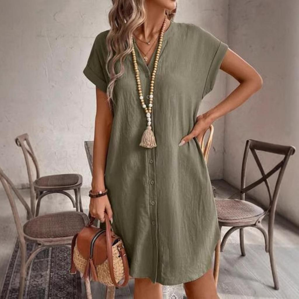 Ladies' Elegant Solid Color Button Up Front Short Sleeved Dress, V-neck, Short Sleeved - Casual, Casual Clothing | V-neck Dress | Short Sleeved Dress