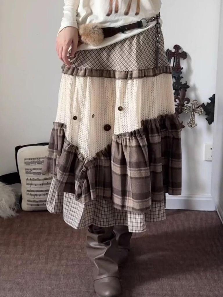 Moe-Stil karierter gestufter Midirock: Süßes Retro-Design mit hoher Taille für Herbst & Winter