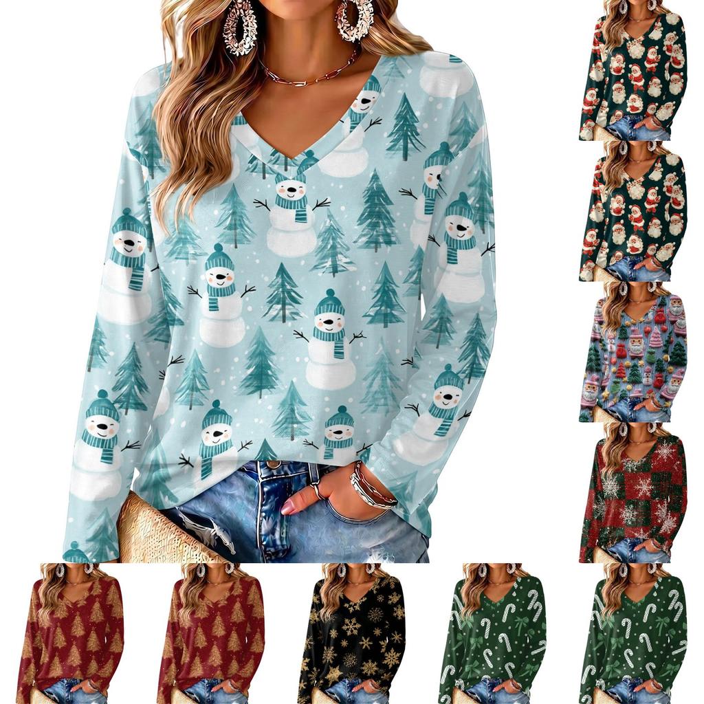 Women's V-Neck Long Sleeve Christmas Print Lightweight Blouse for Spring Summer