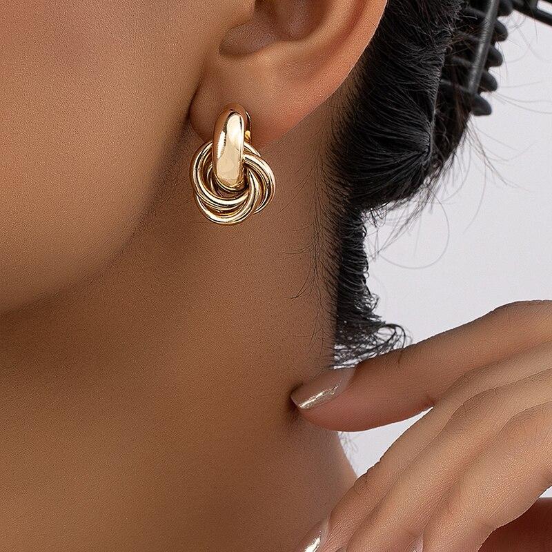 2 Pair Set Gold Copper Color Knot Hoop Earring Set For Women Shiny Plating Trendy Earring Stud Cute Daily Wear Jewelry Set